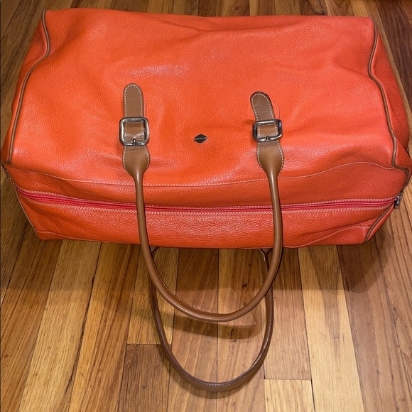 I Santi Large Pebbled Orange Leather Weekender Tote with brown handles & strap. - Picture 5 of 16